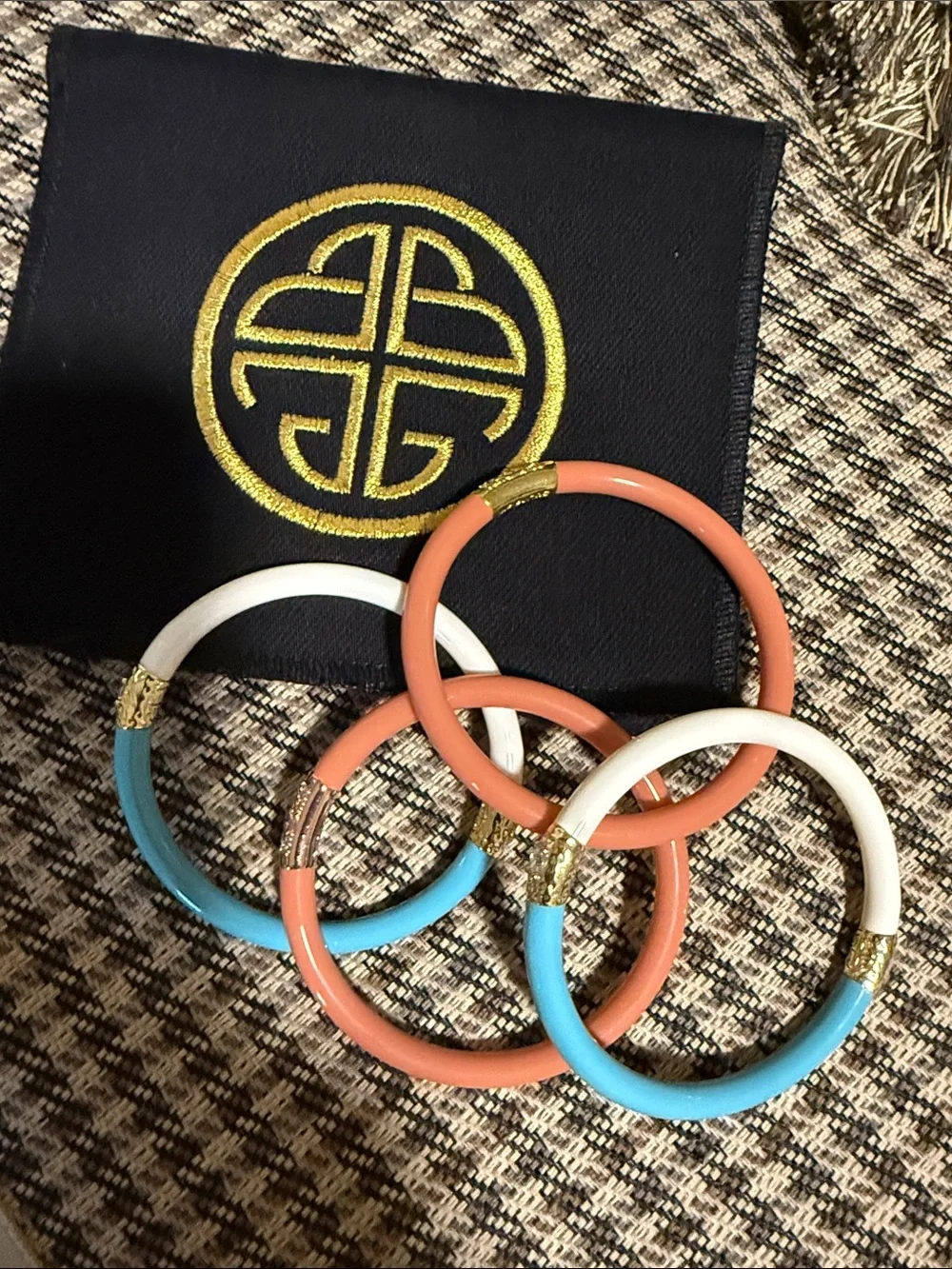 Stackable Enamel Bangle Set in Coral, White & Turquoise with Gold Accents